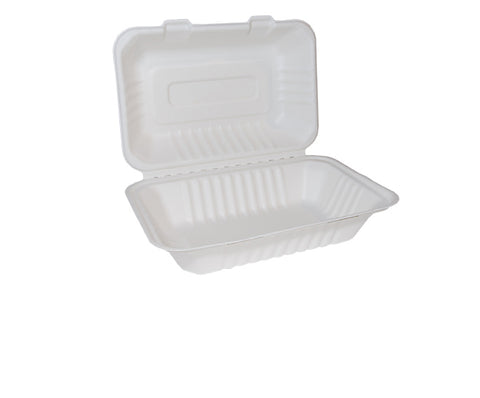 COMPOSTABLE BAGASSE CLAMSHELL LARGE FOOD BOX   9"x 6"   x 250